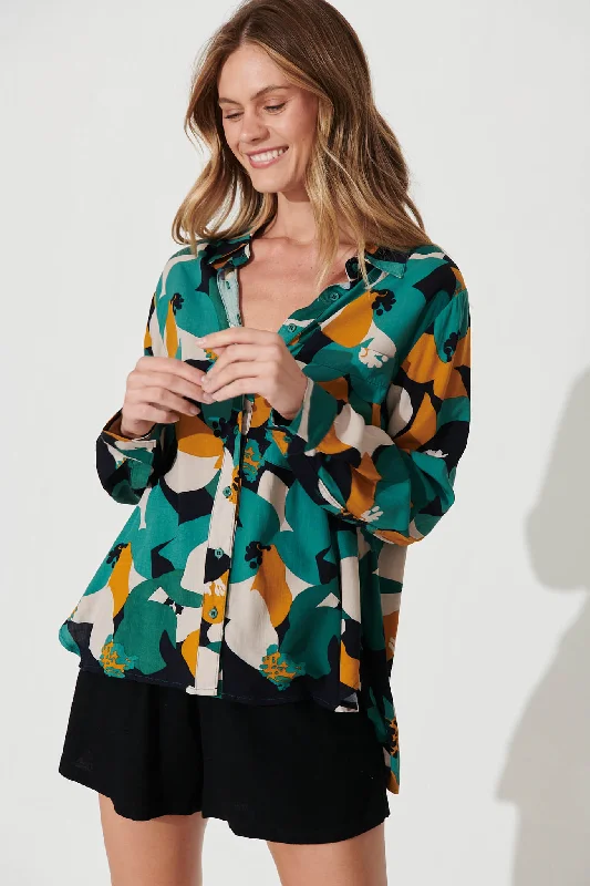 Milano Shirt In Teal With Mustard Print-- Cotton Fabric Linen Fabric Terry Fabric