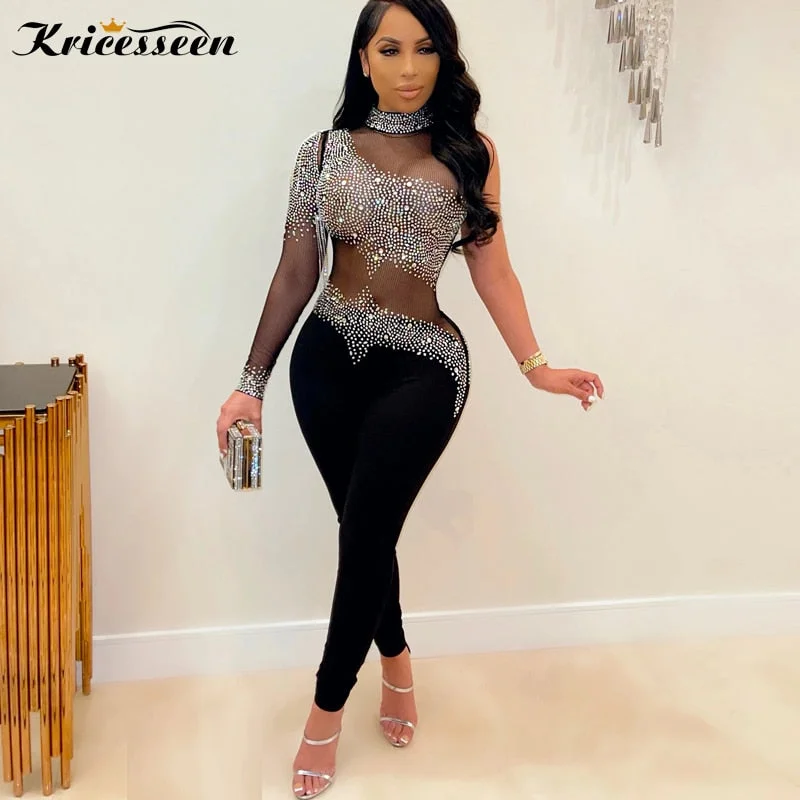 Kricesseen Sexy Black Crystal Diamond Skinny Long Pant Jumpsuit Women One Sleeve See Through Romper Clubwear Fitness Outfits Casual jumpsuit, Loose fit, Summer style, Comfortable
