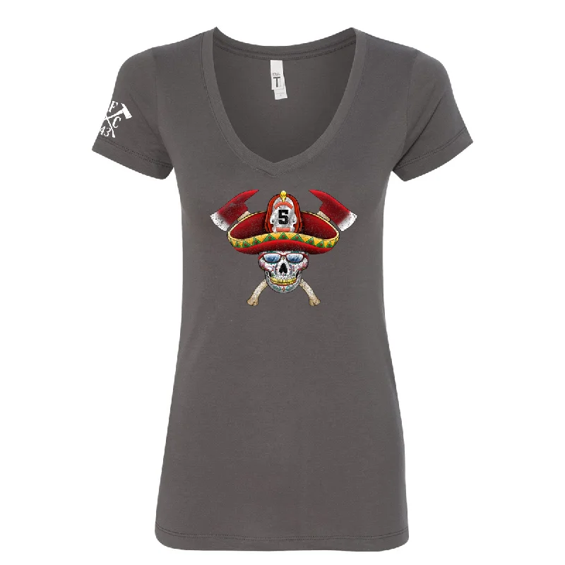 Firefighter Sombrero Sugar Skull Women's V-Neck Shirt-- Fashionable Trendy Casual