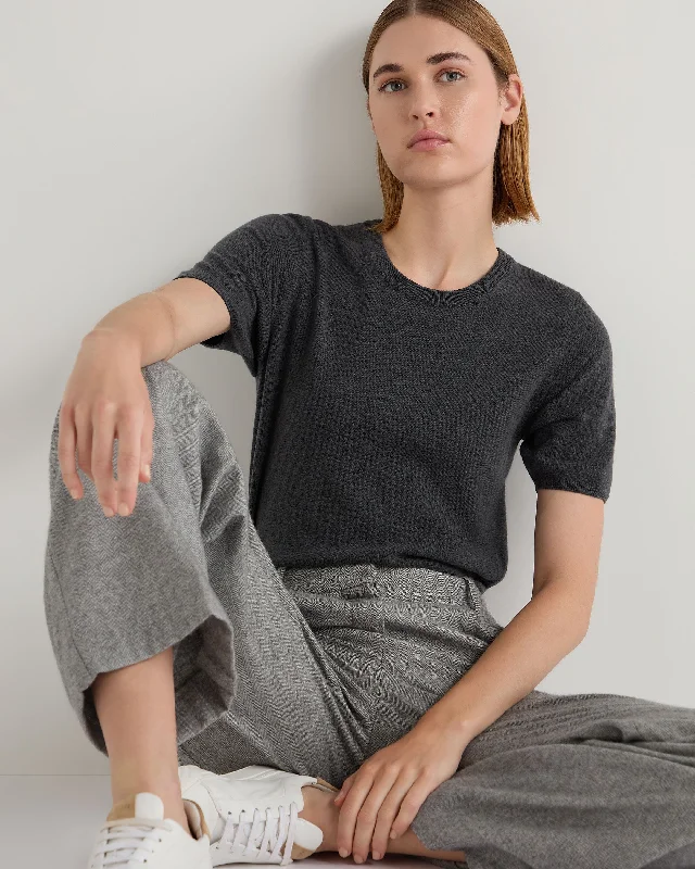 Women's Milly Classic Cashmere T-Shirt Anthracite Grey-- Satin Blend Silk Blend Wool Blend