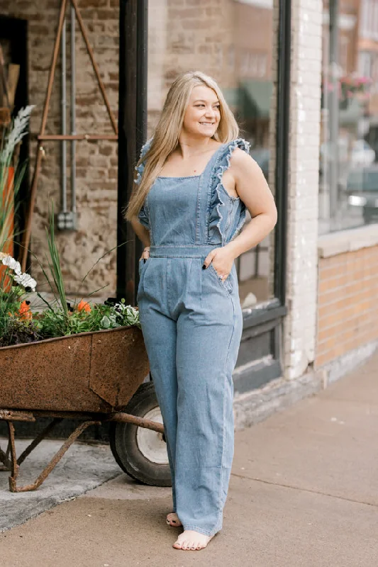 Karly Frayed Ruffle Denim Jumpsuit ✜ON SALE NOW✜ Satin jumpsuit, Luxurious, Nightwear, Chic