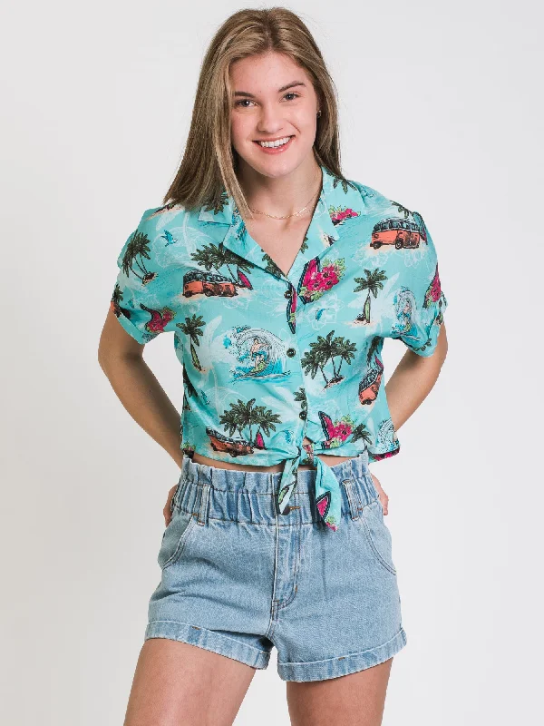 HARLOW CAMP TIE UP SHIRT - CLEARANCE-- Zippered Front Buttoned Front Snap Front