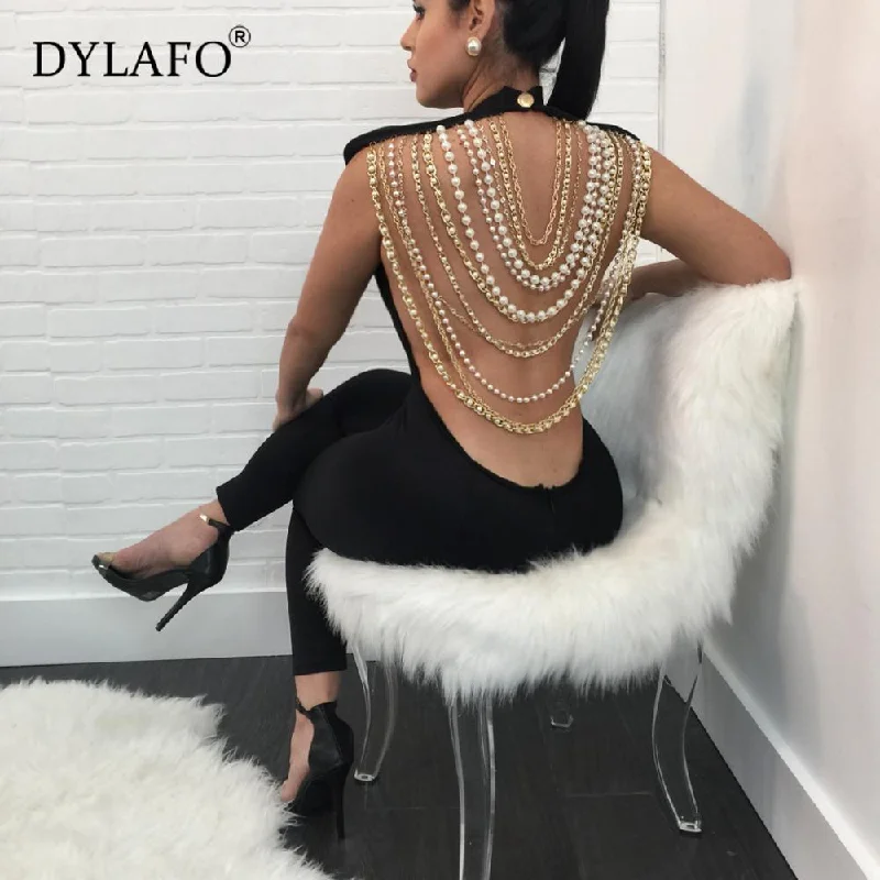 Hot Sale Pearl Chain Sexy Backless Jumpsuit Women Sleeveless Skinny Bodycon Rompers Women Party Overalls Casual Tassel Playsuits Loose fit jumpsuit, Casual, Comfortable, Chic