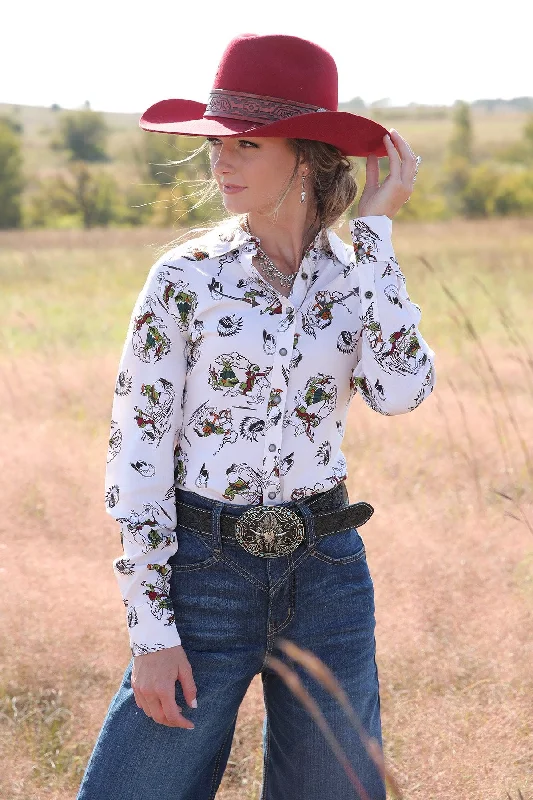 Ladies Cinch Button Down Cream Western Shirt - CTW7417001-- Houndstooth Herringbone Solid