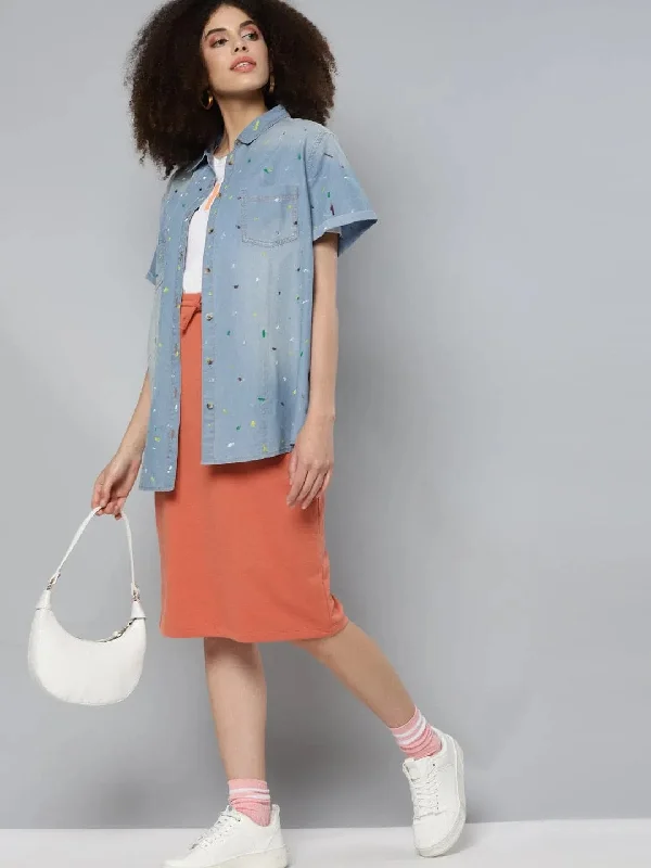 Ice-Blue Denim Multicolor Paint Boxy Shirt-- Asymmetrical Pockets Print