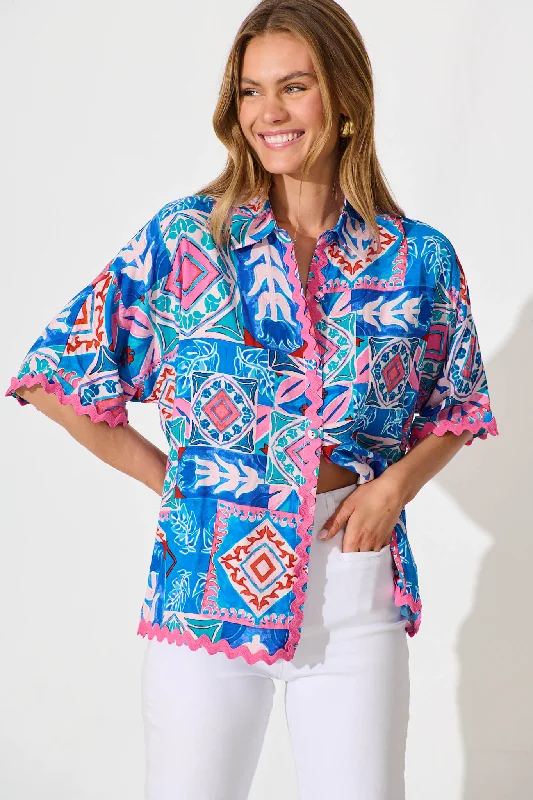 Dream Girl Shirt in Pink and Blue Multi with Ric Rac Trim-- Zippered Buttoned Snapped