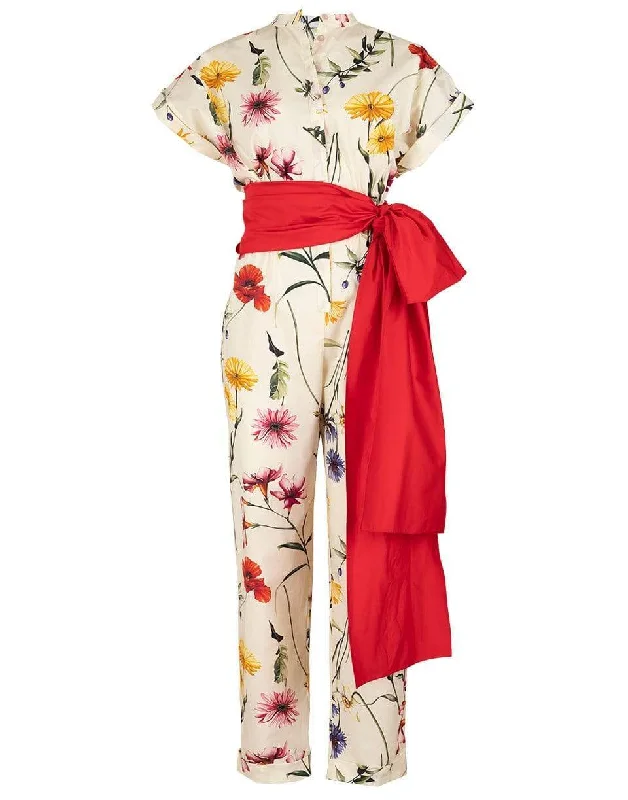 Ecru Floral Print Belted Jumpsuit High-waisted jumpsuit, Sleek, Comfortable, Trendy