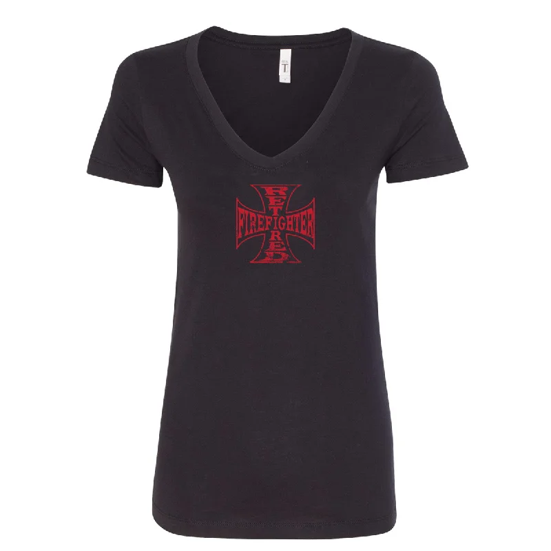 Retired Firefighter Cross Women's V-Neck Shirt-- Print Jacquard Patchwork