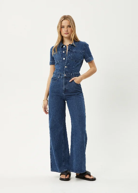 AFENDS Womens Miami - Denim Flared Leg Jumpsuit - Authentic Blue Off-shoulder jumpsuit, Elegant design, Trendy, Night out