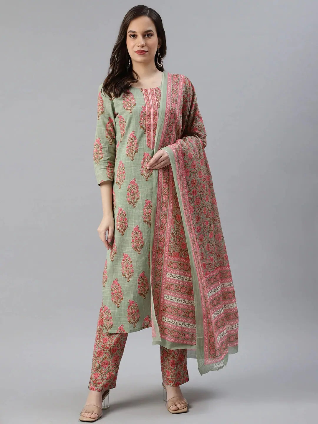 Ahika Cotton Printed Kurta Pant Dupatta Set-VKSKD1032B_L Casual Track Pants