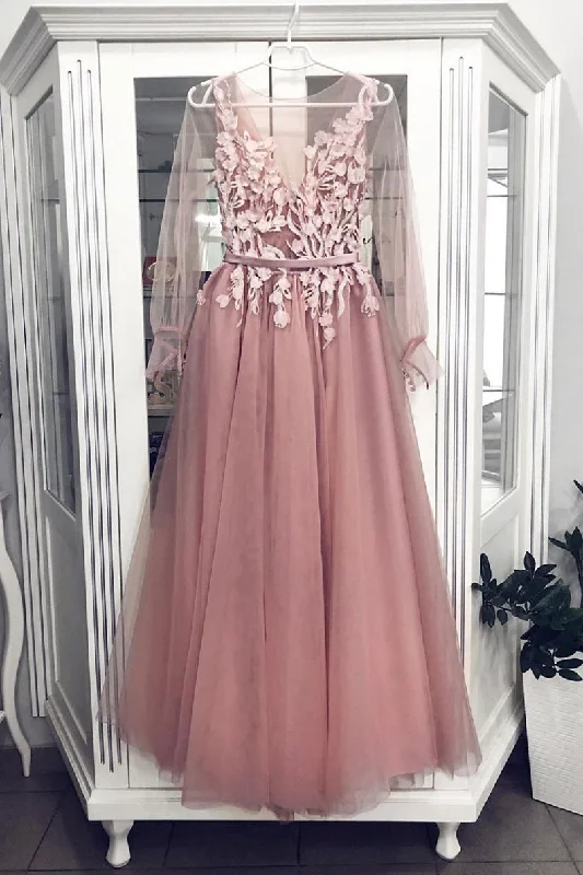 Pink A Line Tulle Long Sleeves Floor Length Prom Dress DMP75 Tunics Fall fleece