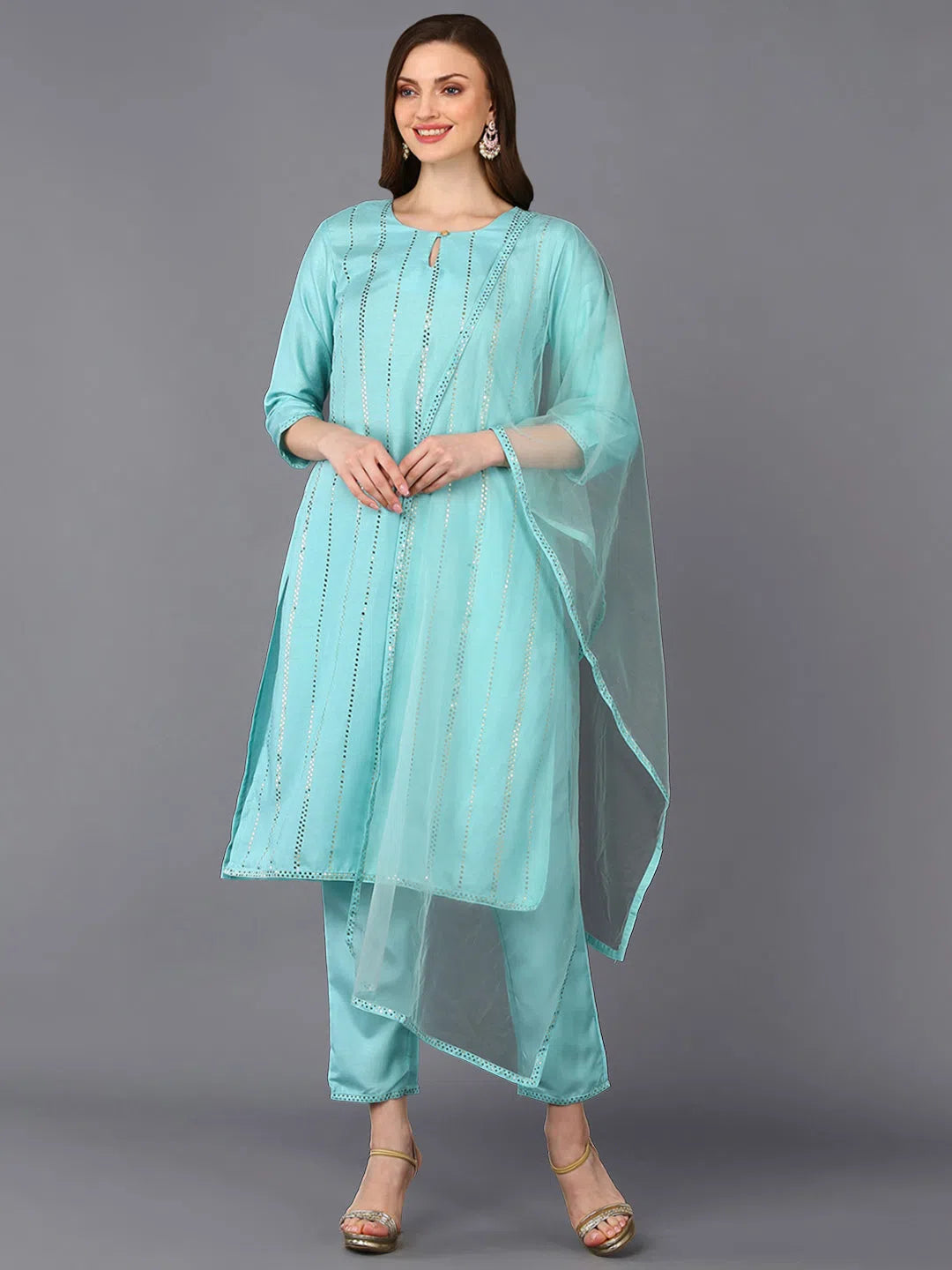 Poly Silk Sequinned Straight Kurta Pant With Classic Cropped Pants