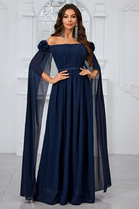 Navy Pleated A Line Off the Shoulder Long Prom Dress Tunics Bestseller popular