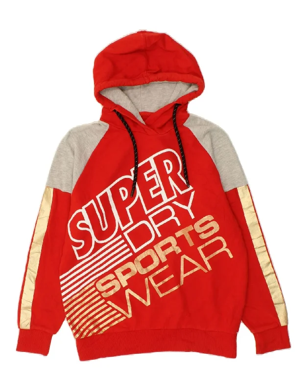 SUPERDRY Womens Graphic Hoodie Jumper UK 14 Medium Red Colourblock Cotton Hoodie with Monochrome Minimalist Simple