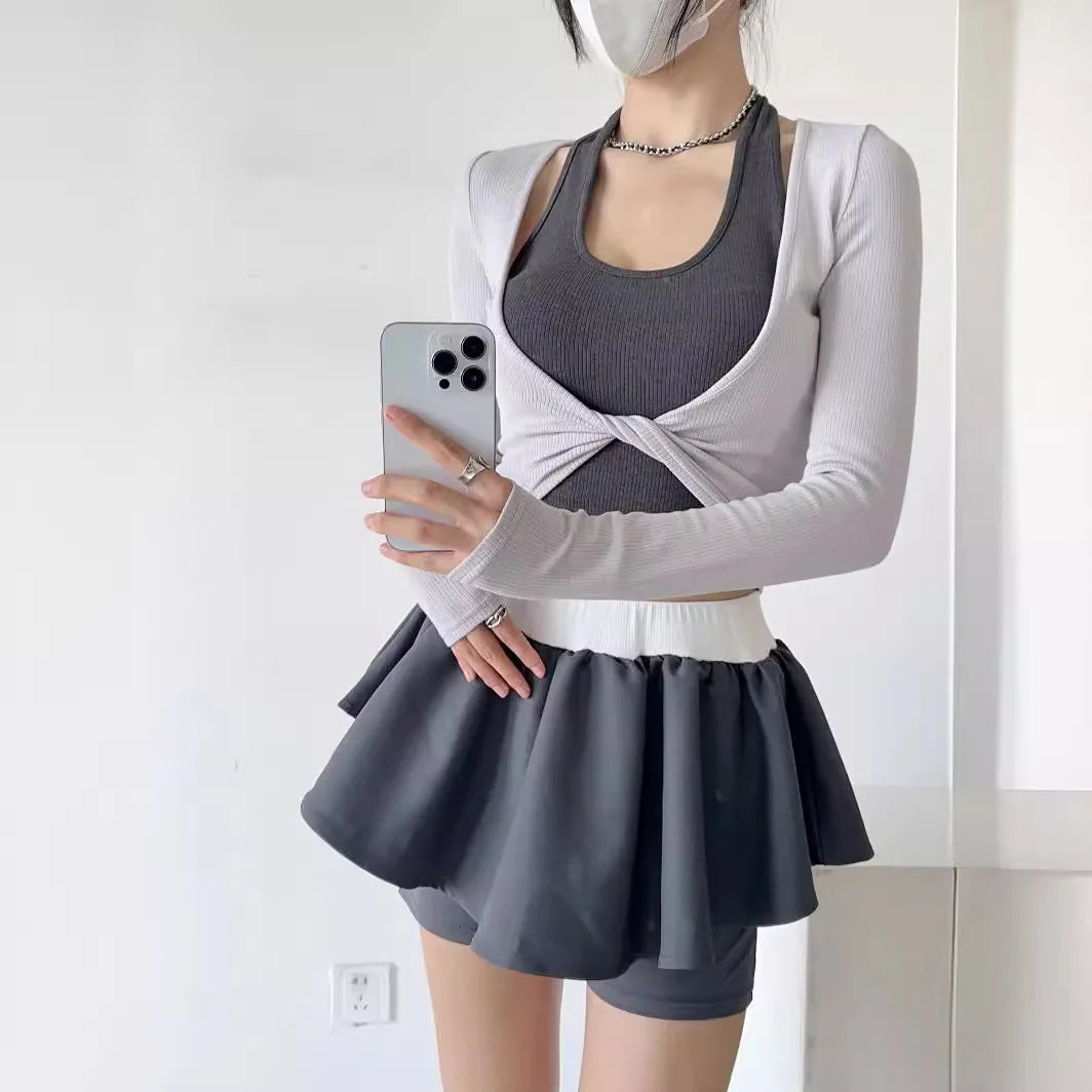 Advbridge Ballet Style Design, Twisted Fake Two-piece Long Sleeved Short Spicy Girl Top, High Waisted Slim Pants Skirt, Women's Summer Lightweight Linen Pants