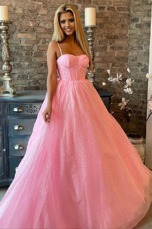 Shiny A Line Pink Tulle Spaghetti Straps Sparkly Long Prom Dress DM1969 Turtleneck Neckline Stylish