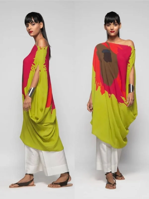 Green Poly Satin One Shoulder Tunic Dress M 121050 Tunics Practical easy-care