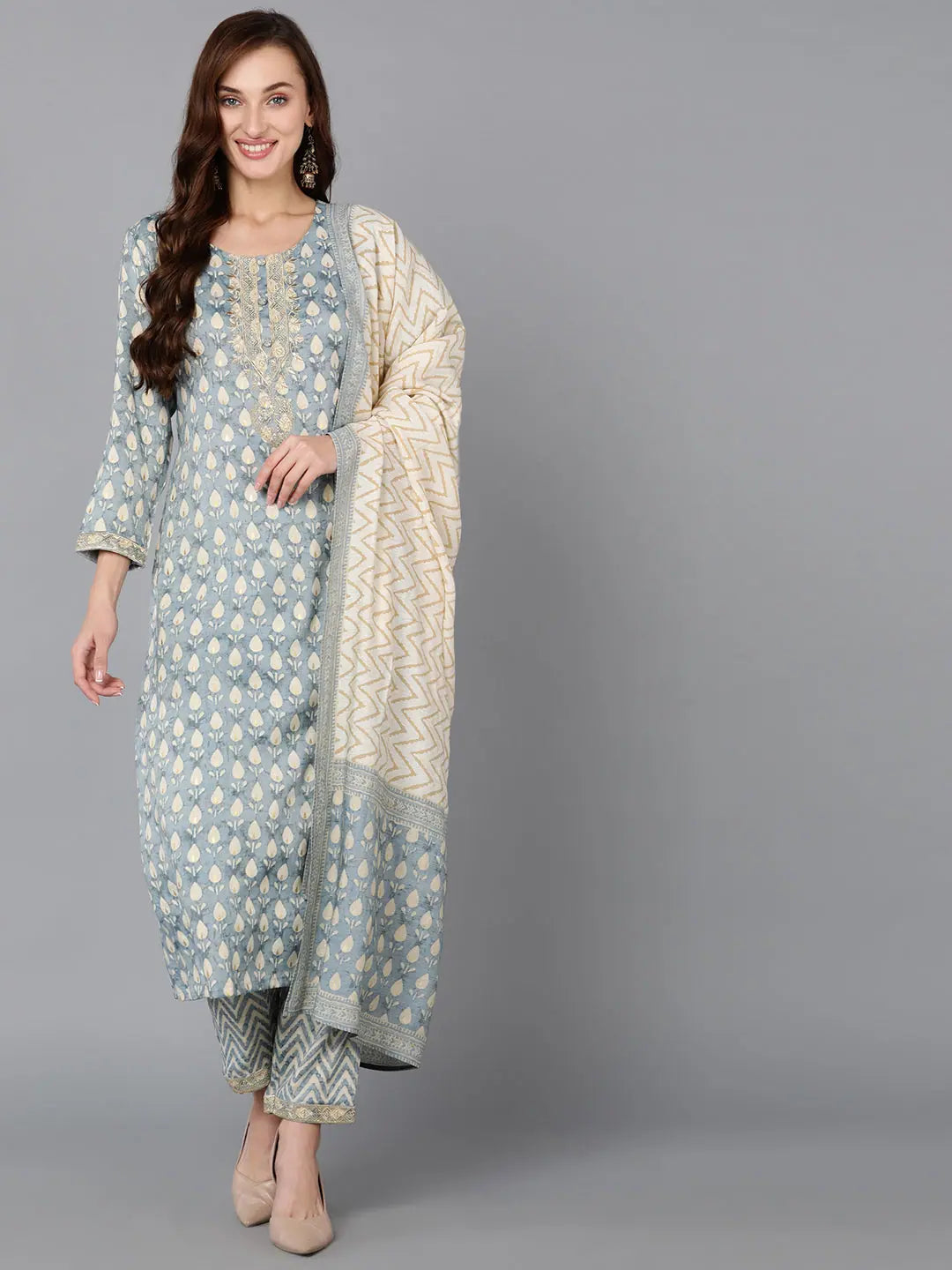 Viscose Rayon Grey Printed Straight Kurta Pant Chic Wool Trousers