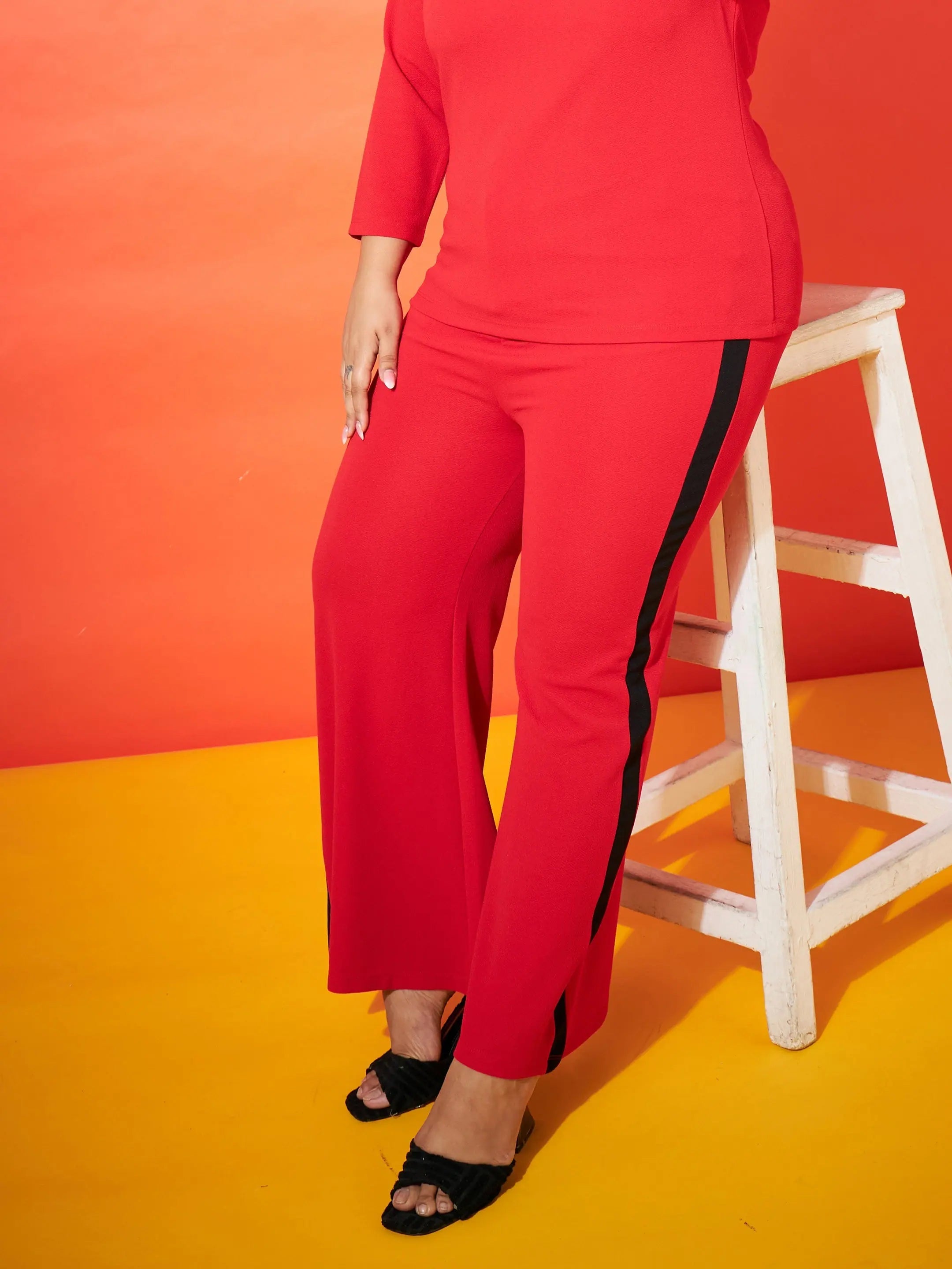 Women Red Side Tape Detail Straight Pants Classic Bootcut Trousers