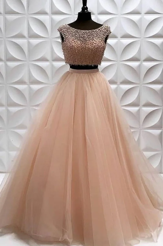Two Pieces A Line Tulle Beading Long Sleeveless Prom Dress DMP82 Floral Print girly