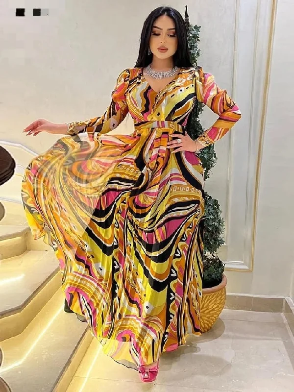 New Women Striped Print V-Neck Long Sleeve Pleated Dress 2XL S208736 Tunics Prom sequined