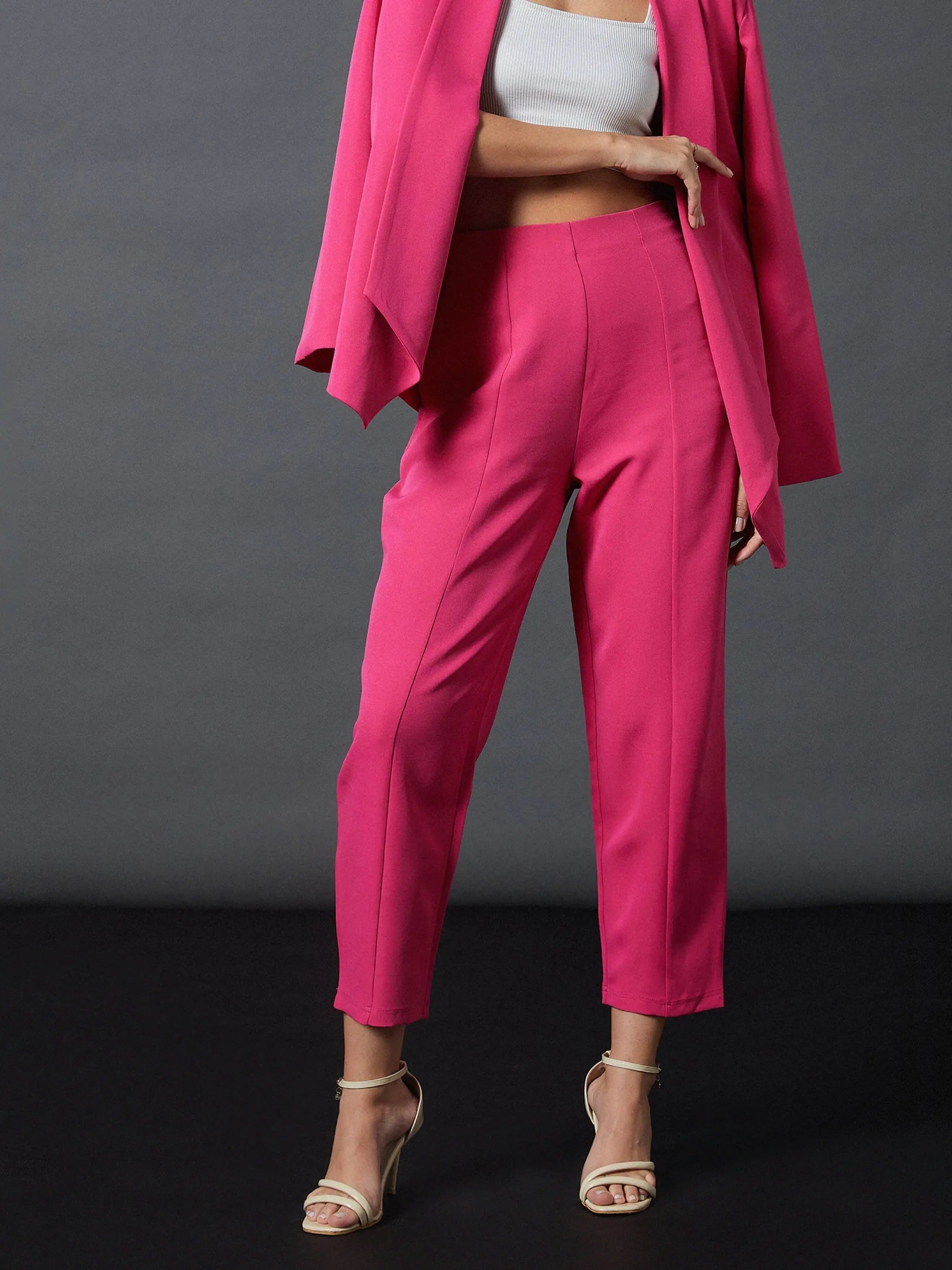 Women Pink Front Darted Balloon Fit Pants Chic Slim Fit Pants