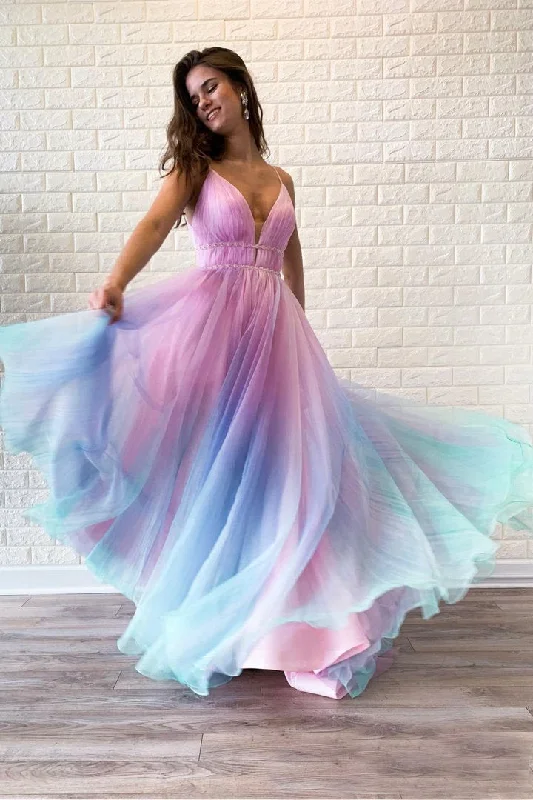 Ombre Spaghetti Straps Sleeveless A Line Prom Dress DMO83 Boatneck Modish Everyday