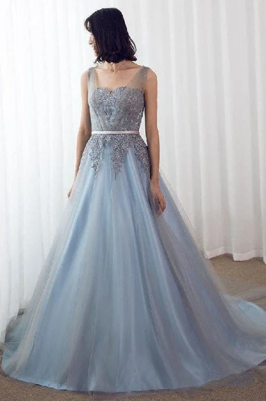 Sky Blue Formal Long Lace Appliqued Gray Tulle Prom Dresses Cheap Quinceanera Dresses DMP2 Tunics Bridal satin
