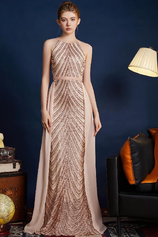 Golden Glitter A Line Spaghetti Straps Beaded Long Prom Dress Square Neckline Feminine