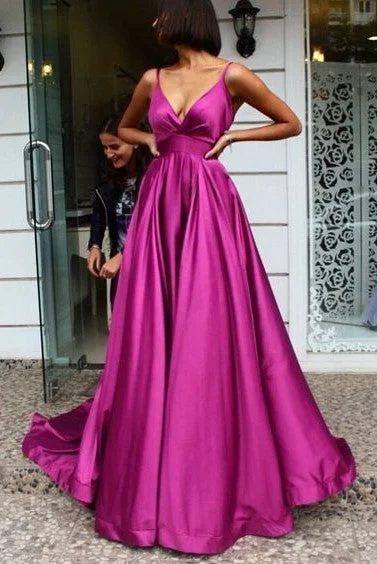 V-neckline Fuchsia Prom Gown with A-line Skirt Train Vestido de fiesta de graduación chiffon skirt airy