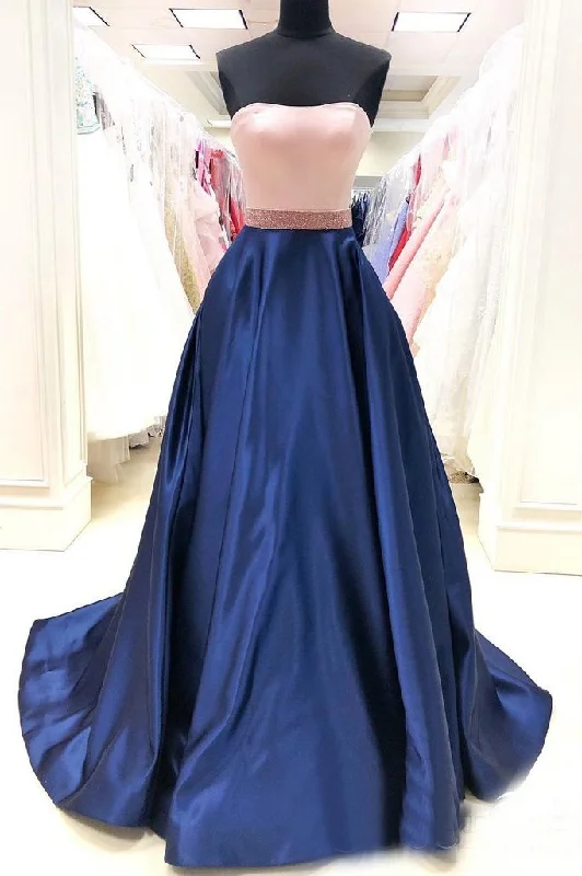 Simple Royal Blue Satin A Line Long Prom Dresses with Pockets DMS81 Tunics Luxurious premium
