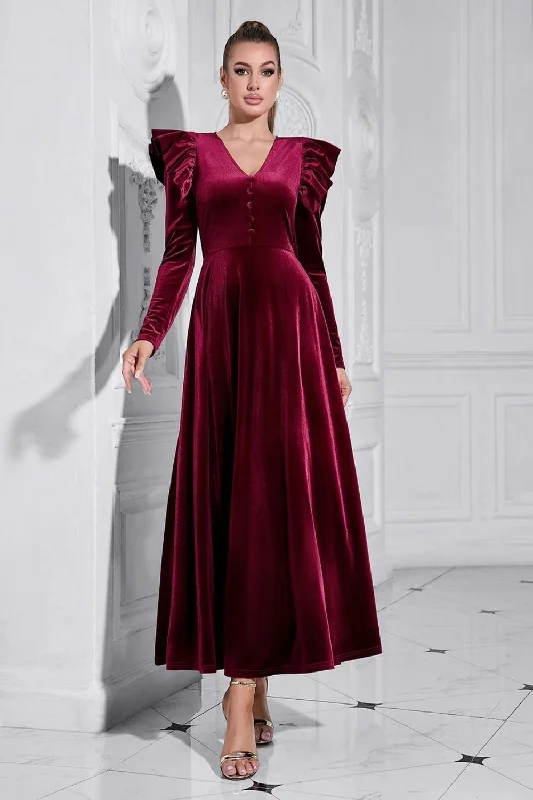 A Line V Neck Burgundy Ruffled Long Velvet Prom Dress Tunics Fashionable trendy