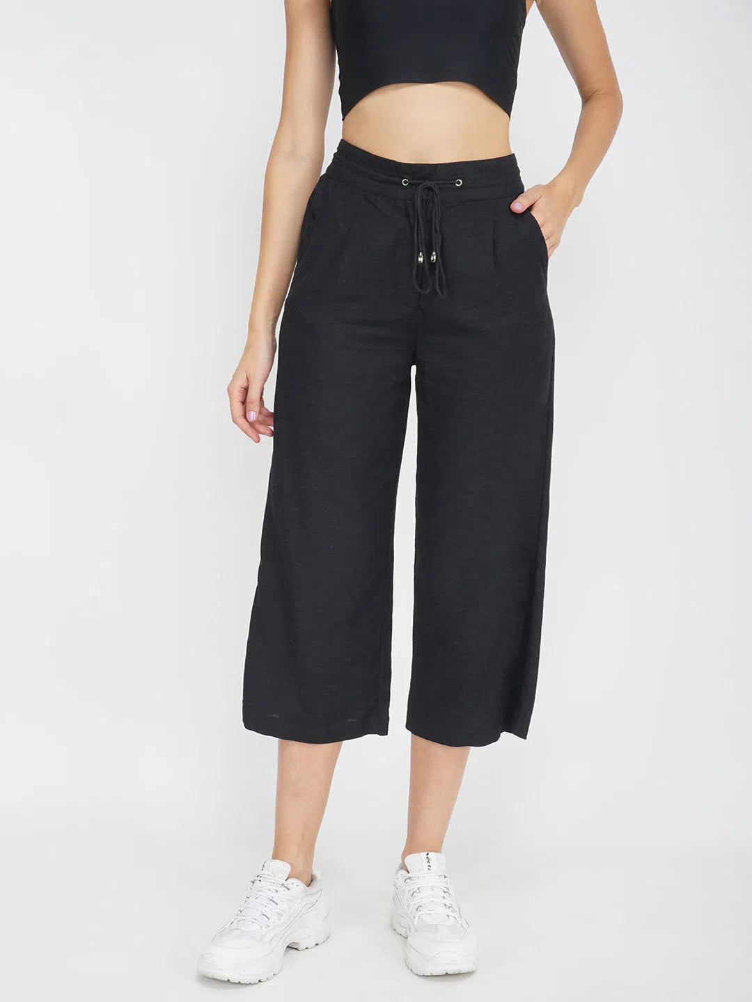 Solid Black Women's Linen Blend Pant Fashionable Tapered Leg Pants