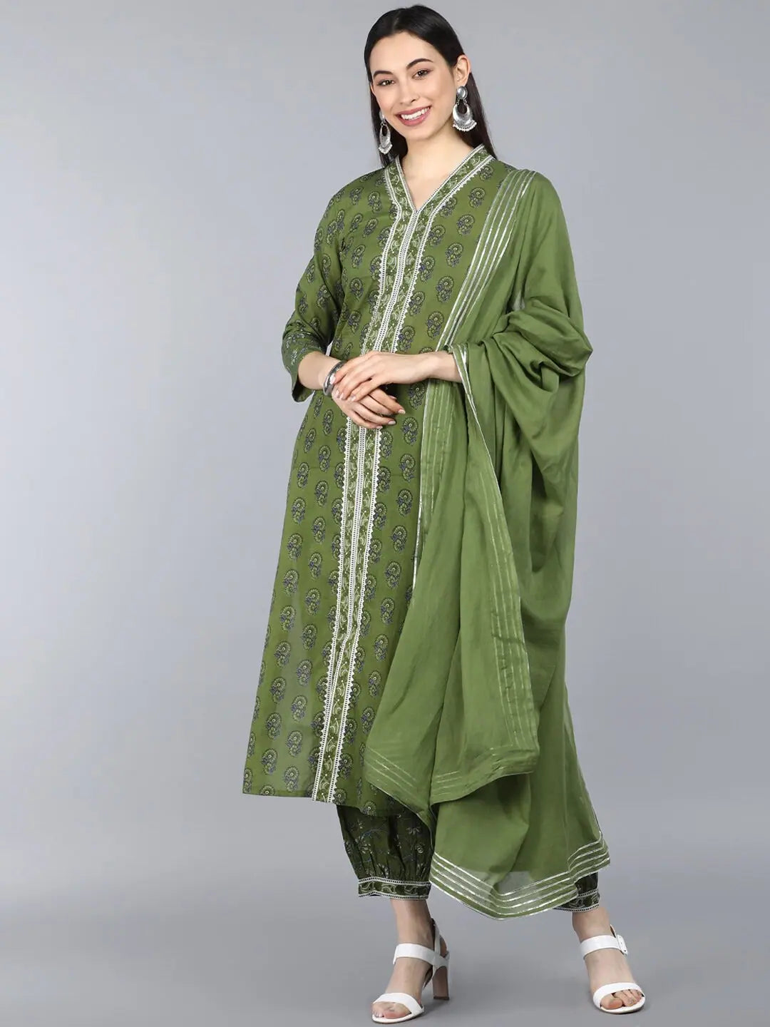 Ahika Pure Cotton Printed Kurta Pant Dupatta-VKSKD1312_S Wide-Legged Palazzos