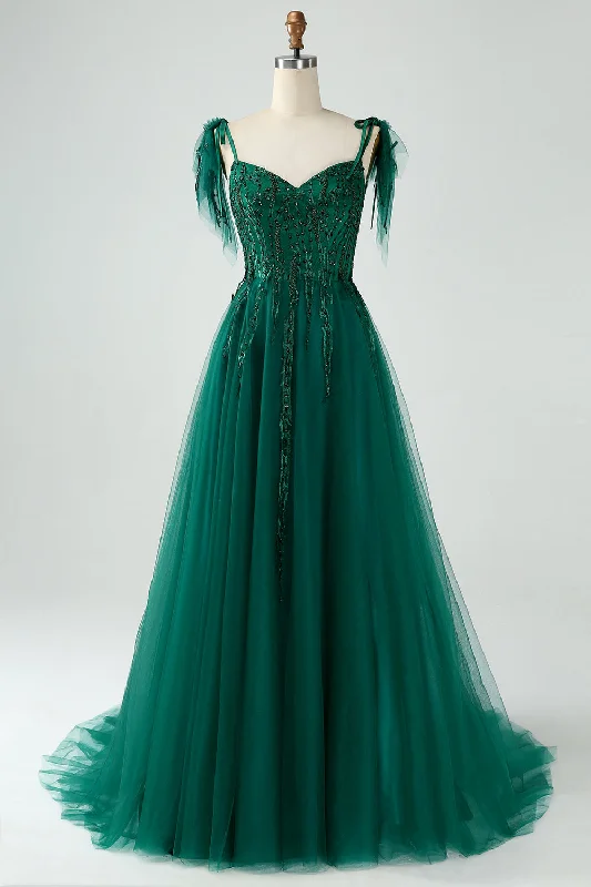 Dark Green A-Line Spaghetti Straps Tulle Long Prom Dress with Beading Tunics Seasonal trendy