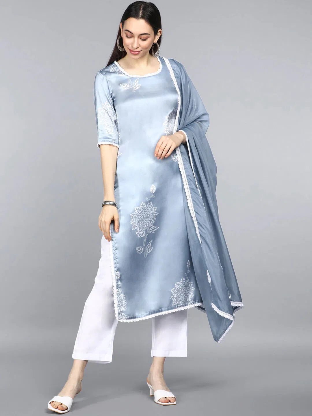 Ahika Satin Printed Kurta Pant Dupatta Set-PKSKD1014AB_S Cozy Fitted Pants