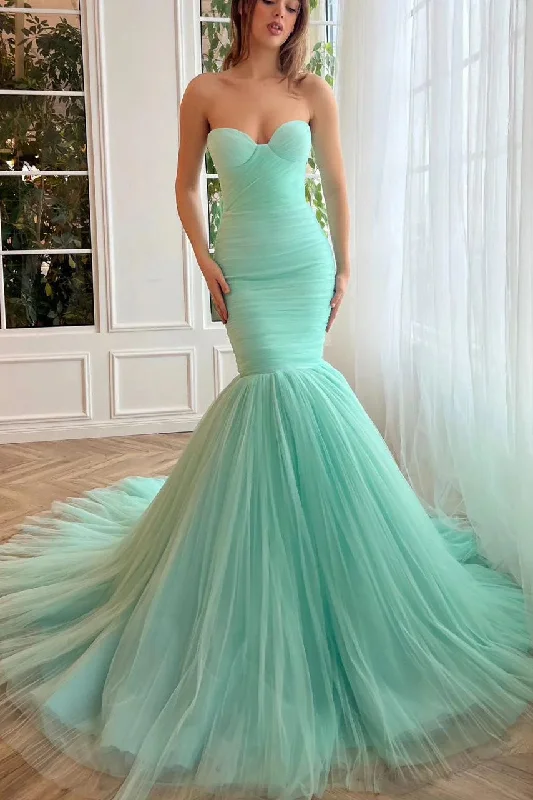 Sweetheart Mint Green Mermaid Tulle Prom Dress, Strapless Formal Evening Gown DMP267 Casual Short Summer