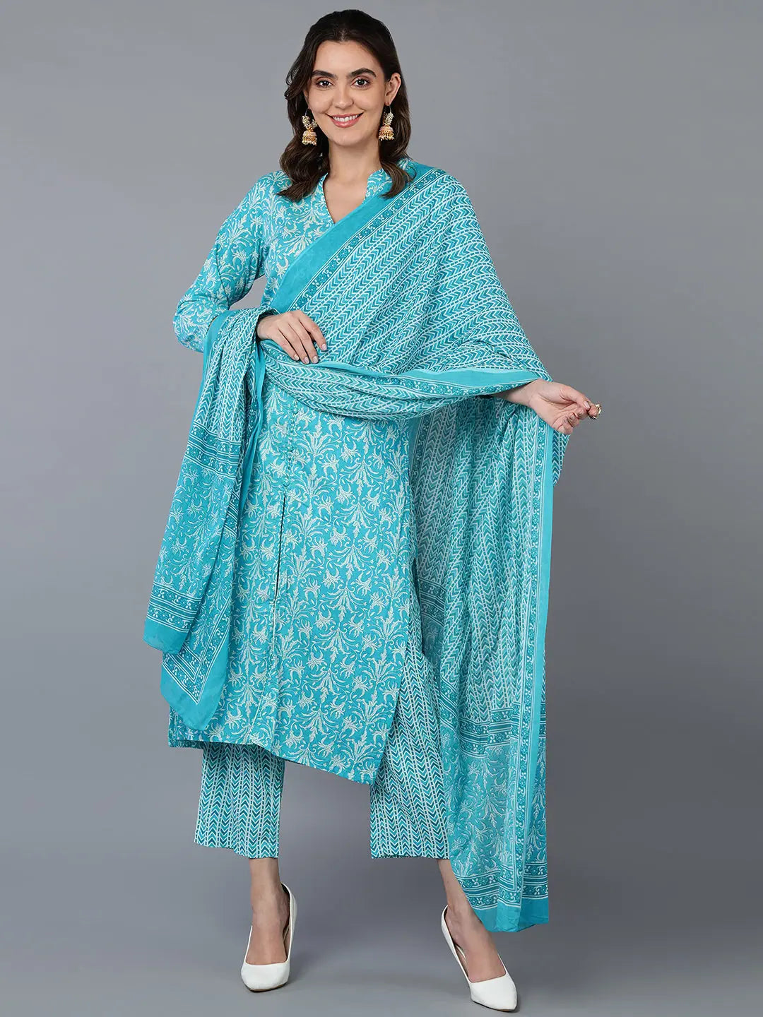 Cotton Turquoise Blue Ethnic Printed Kurta Pant Chic Faux Leather Pants