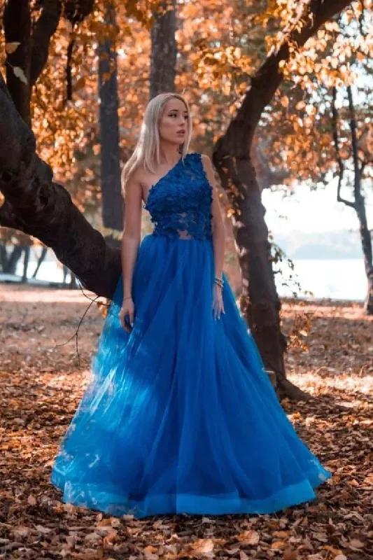 Blue One Shoulder Tulle A Line Lace Appliques Long Prom Dress, Formal Evening Dress DM1967 Boat Neckline Classic