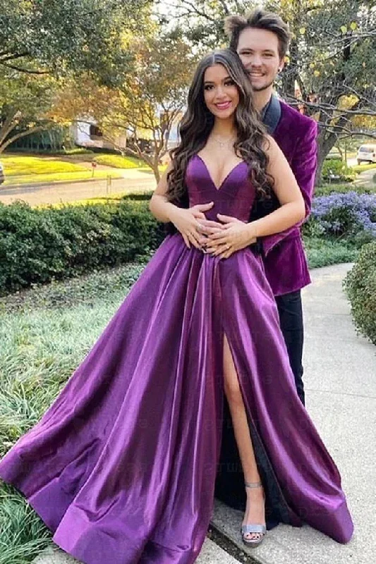 V Neck Backless Purple AQ Line Satin Long Prom Dress with High Slit DM1966 Tunics Favorite customer