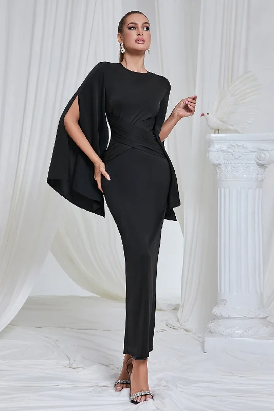 Black Mermaid Long Sleeves Ruched Long Prom Dress with Slit Casual Short Summer