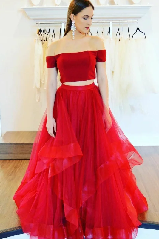 Red Satin Two Piece Prom Gown with Ruffles Horsehair Skirt vintage skirt charm