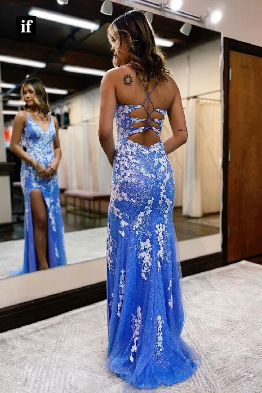 Plunging V-Neck Sequins Appliques Mermaid Prom Dress with Slit DM1956 Crew Neckline Casual