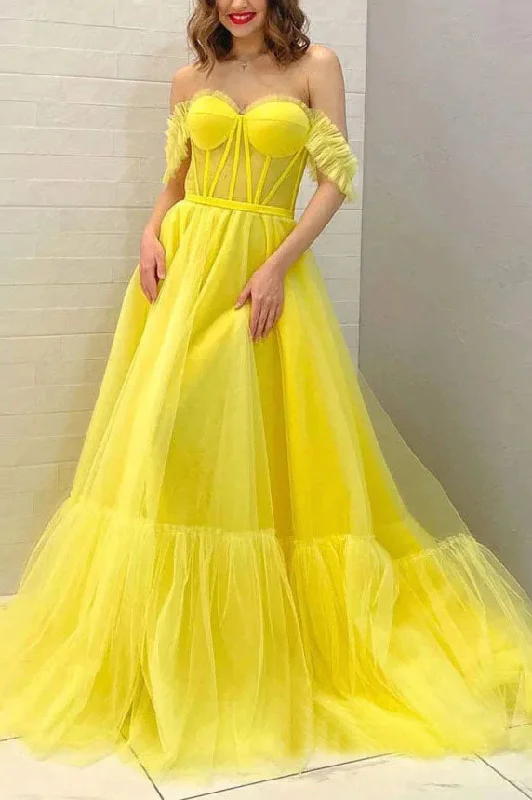 A-line Off-the-Shoulder Tulle Yellow Prom Dress Long Formal Evening Gowns DMP256 Turtleneck Neckline Stylish