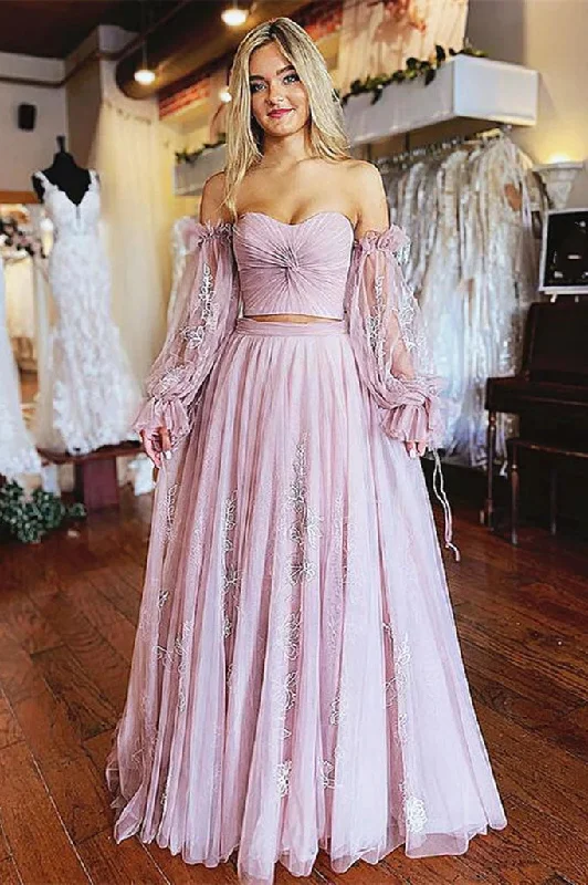 Light Purple Floral Lace Prom Dresses, A Line Tulle Formal Evening Dresses DM2005 Tunics Lace romantic