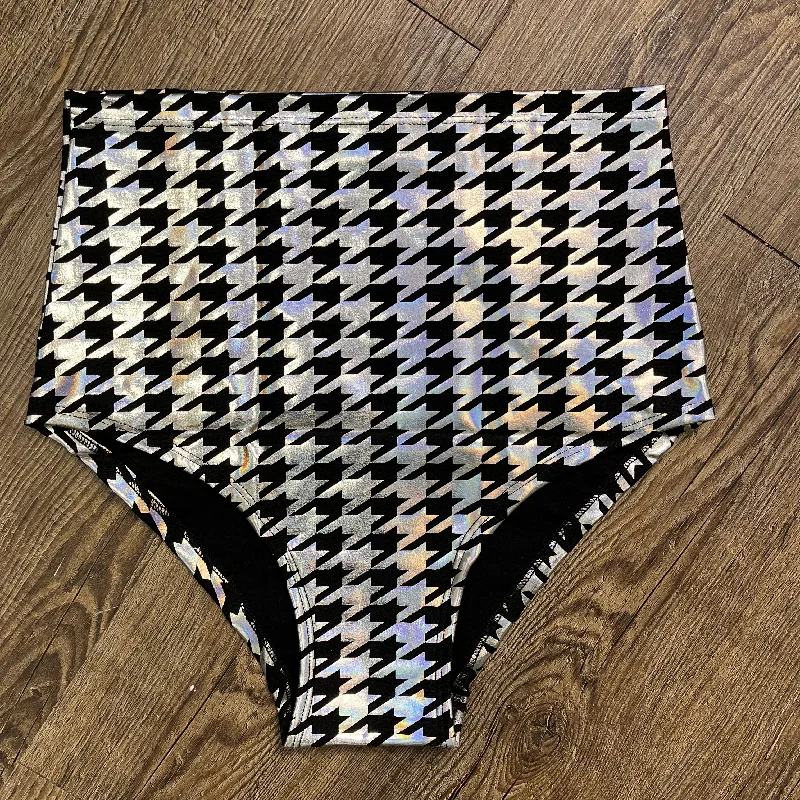 SALE - High Waist Hot Pants - Silver/Black Houndstooth Holographic Trendy Palazzo Pants