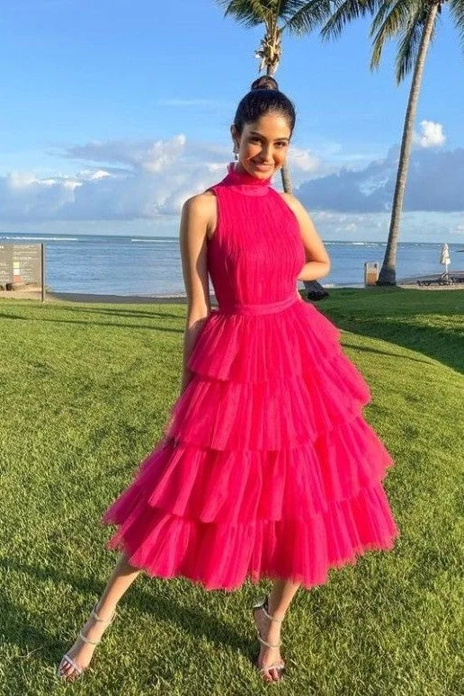 High Neck Tea-length Prom Gowns with Layered Skirt casual skirt length