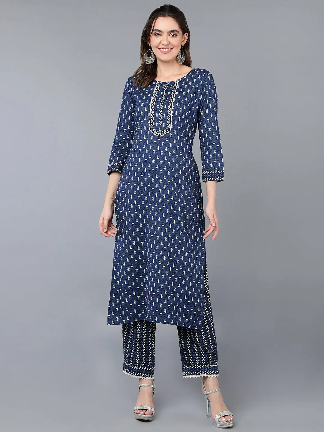 Cotton Navy Blue Ethnic Printed Kurta Pant Elegant Palazzo Trousers