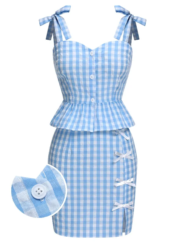 2PCS Blue 1960s Plaid Ruffled Hem Tops & BowKnot Skirts summer skirt style