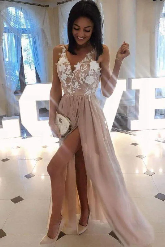 Spaghetti Strap Floral Long Prom Dresses With Slit DMO87 Boat Neckline Classic